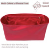 A red luxury bag organizer insert with silk lining showing multiple color options for matching.