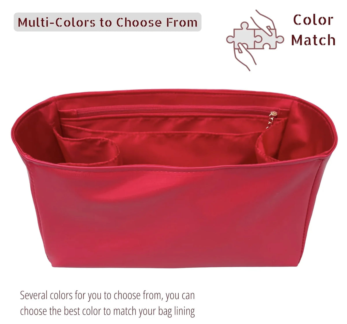 A red luxury bag organizer insert with silk lining showing multiple color options for matching.