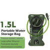 A portable water storage bag in olive green with a green hose and fitting, designed for hydration.