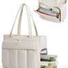 A beige insulated multi-pocket work tote with a laptop compartment shown in a flat lay view.