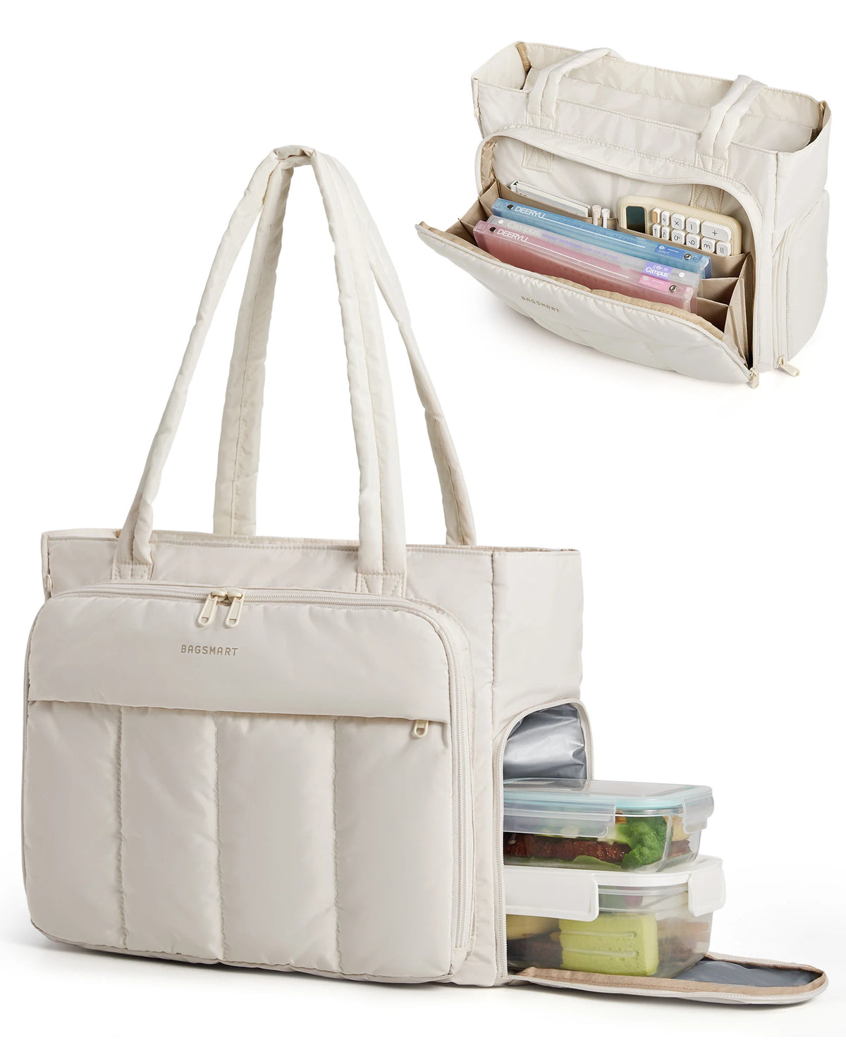 A beige insulated multi-pocket work tote with a laptop compartment shown in a flat lay view.