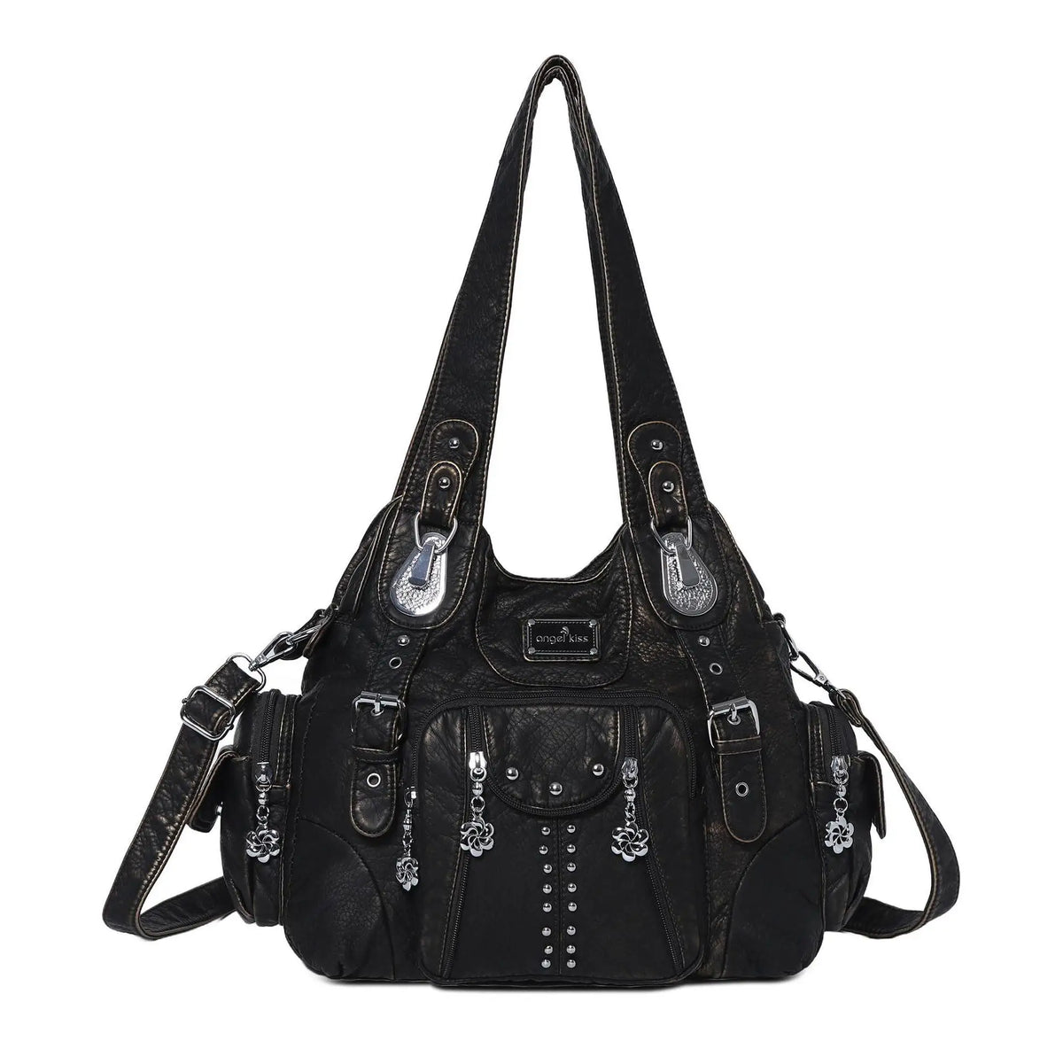 Black vintage PU leather hobo shoulder bag with silver hardware