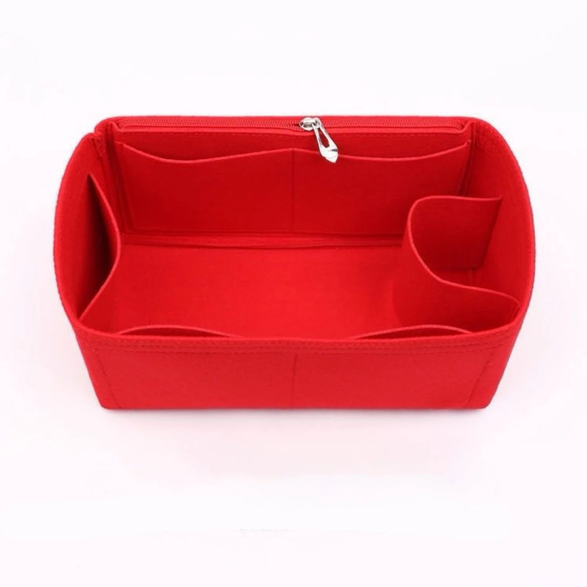 A red felt purse organizer with multiple internal compartments and a zipper closure.