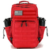 A red tactical backpack featuring a US flag patch and multiple compartments for hiking or gym use.