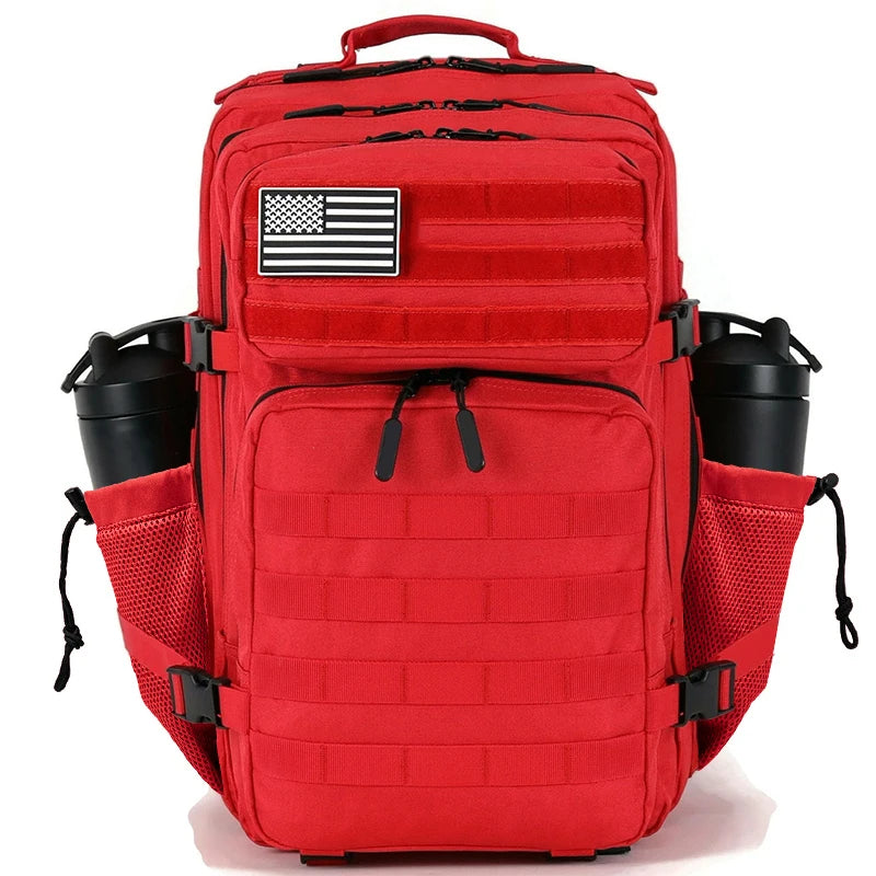 A red tactical backpack featuring a US flag patch and multiple compartments for hiking or gym use.