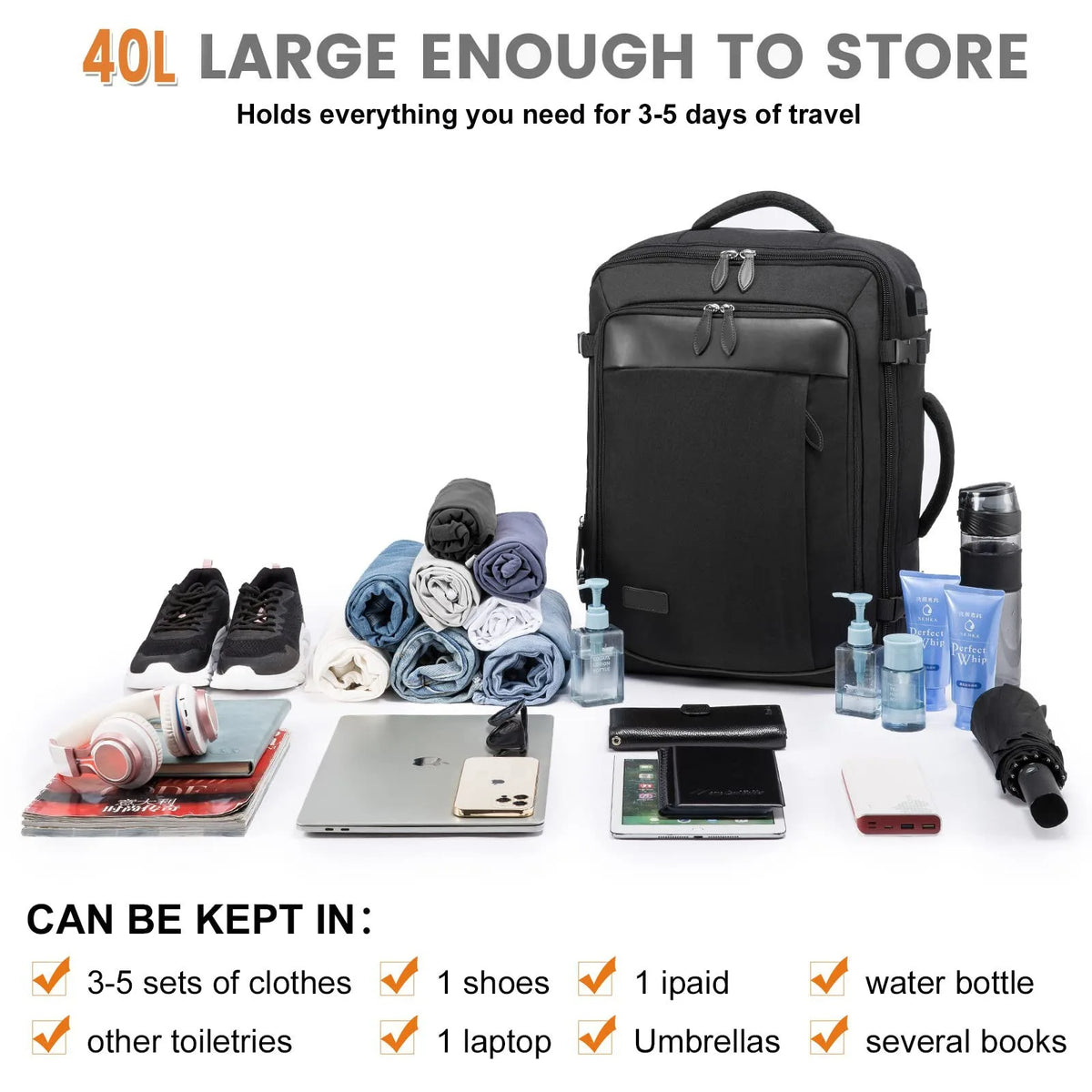Black 40L large travel backpack holding various items like clothes shoes electronics and toiletries