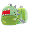 A light green cartoon dinosaur plush backpack with gray spikes and yellow accents.