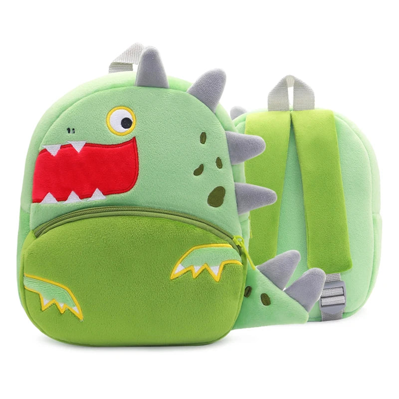 A light green cartoon dinosaur plush backpack with gray spikes and yellow accents.
