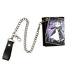 A black tri-fold chain card holder wallet with a purple and white illustration of a character.