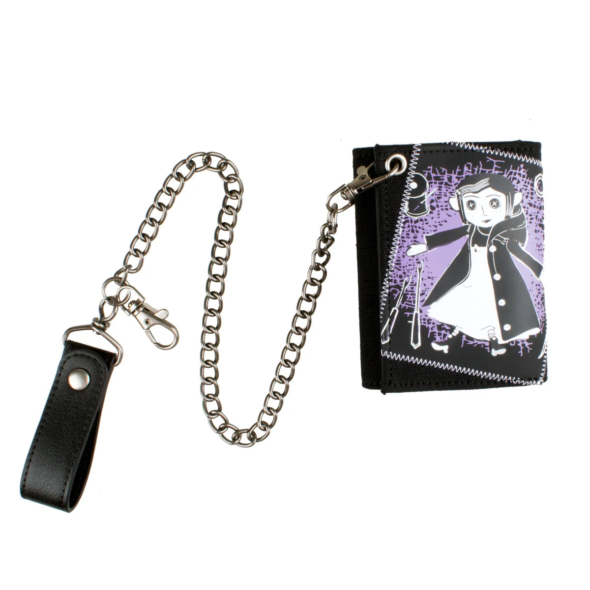 A black tri-fold chain card holder wallet with a purple and white illustration of a character.