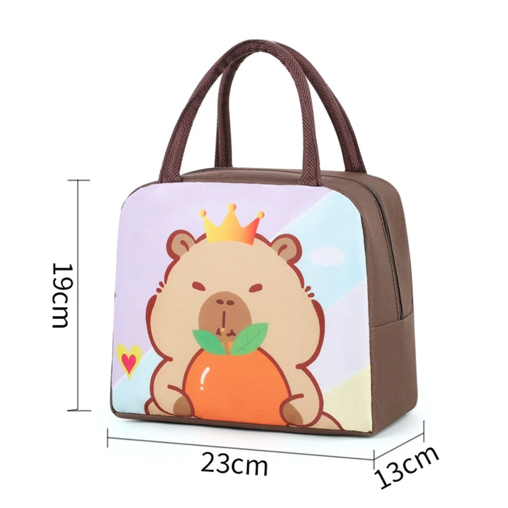 A brown insulated lunch bag featuring a cartoon bear design with a crown and green leaves on the front.