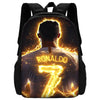 A black backpack featuring a graphic of Cristiano Ronaldo's back with the number 7 glowing in yellow light.
