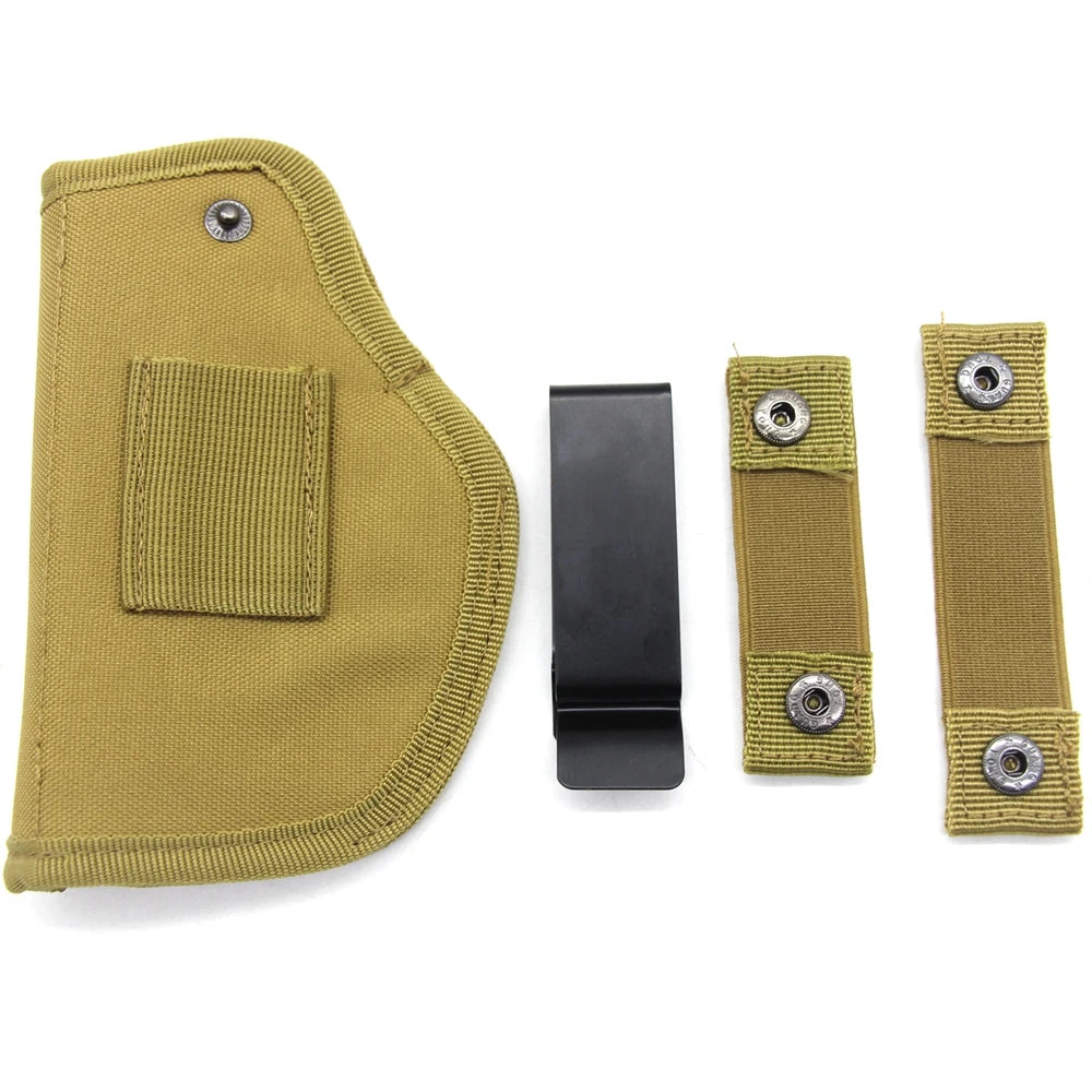 Olive green IWB concealment holster with a black metal belt clip and accompanying strap.