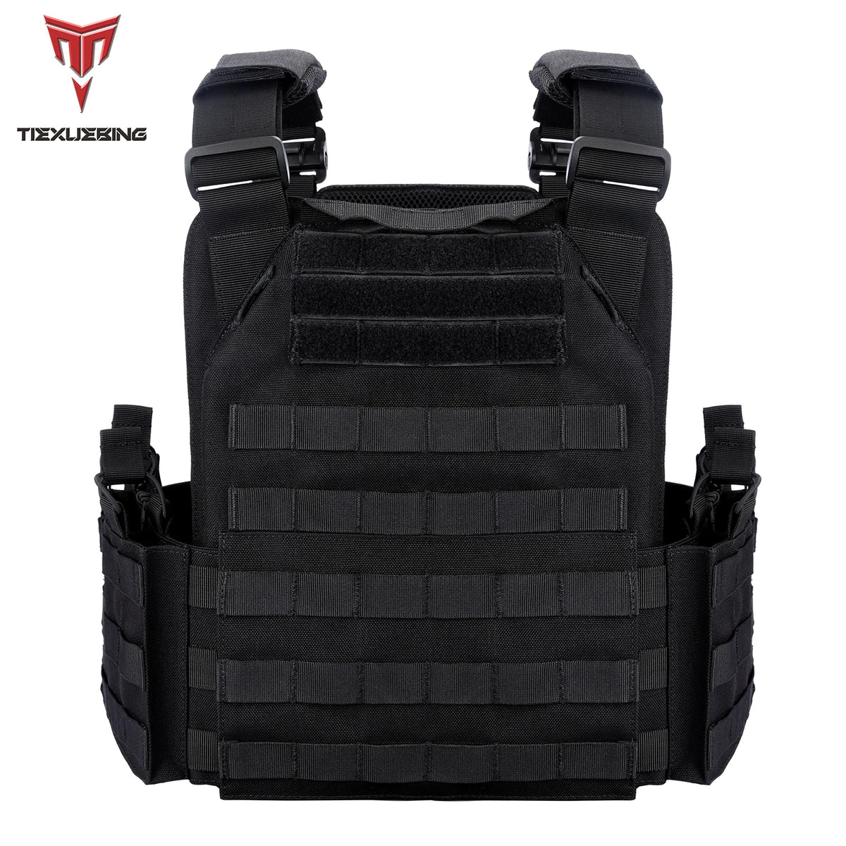 Black tactical plate carrier vest with adjustable molle system