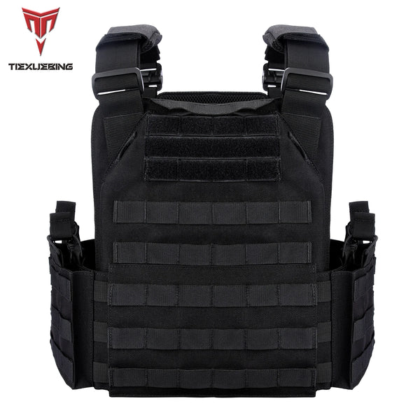 Black tactical plate carrier vest with adjustable molle system