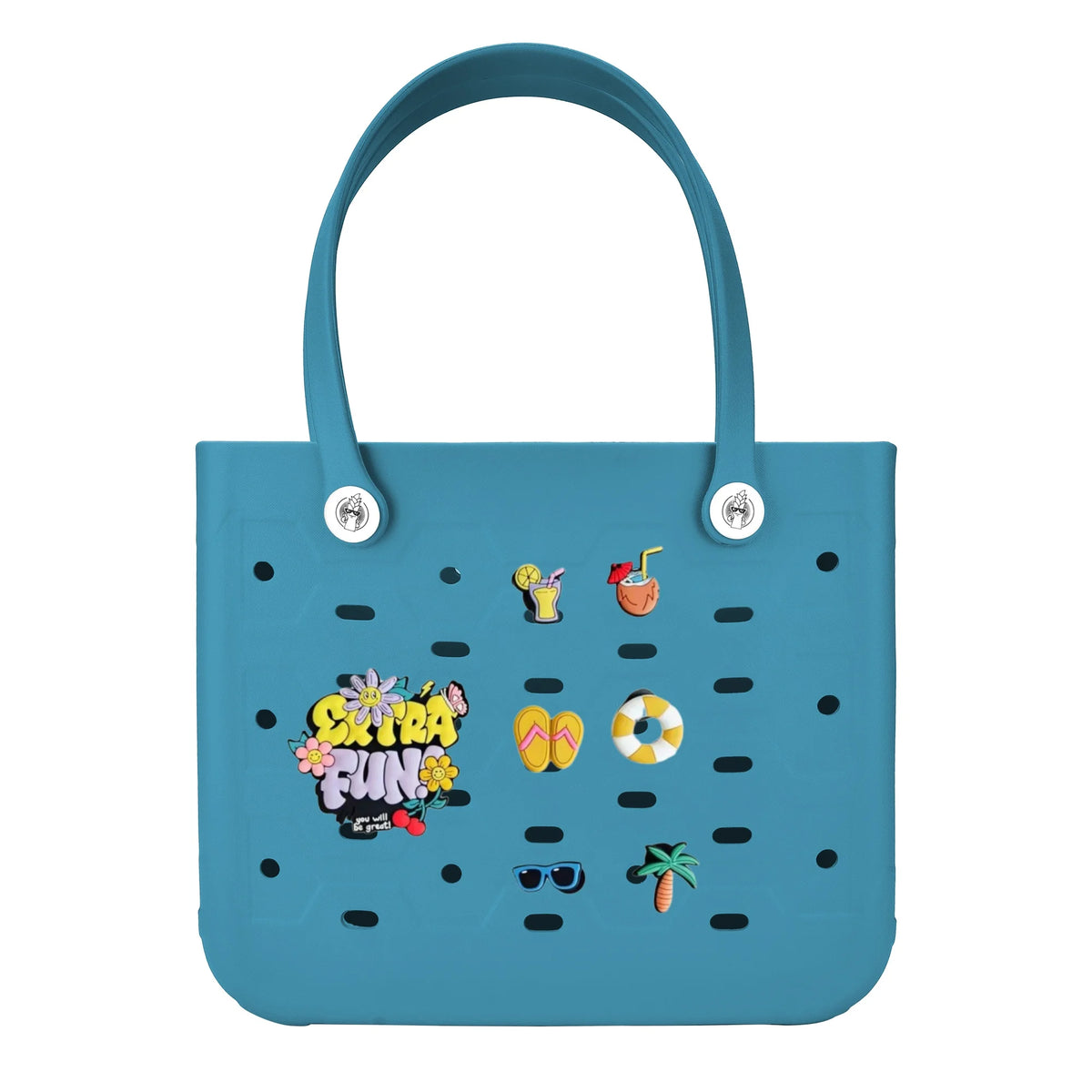 Sac de plage en caoutchouc imperméable couleur sarcelle avec poignée et petits icônes colorés sur le devant.