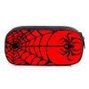 A red pencil case featuring a black layered spider web and spider design.