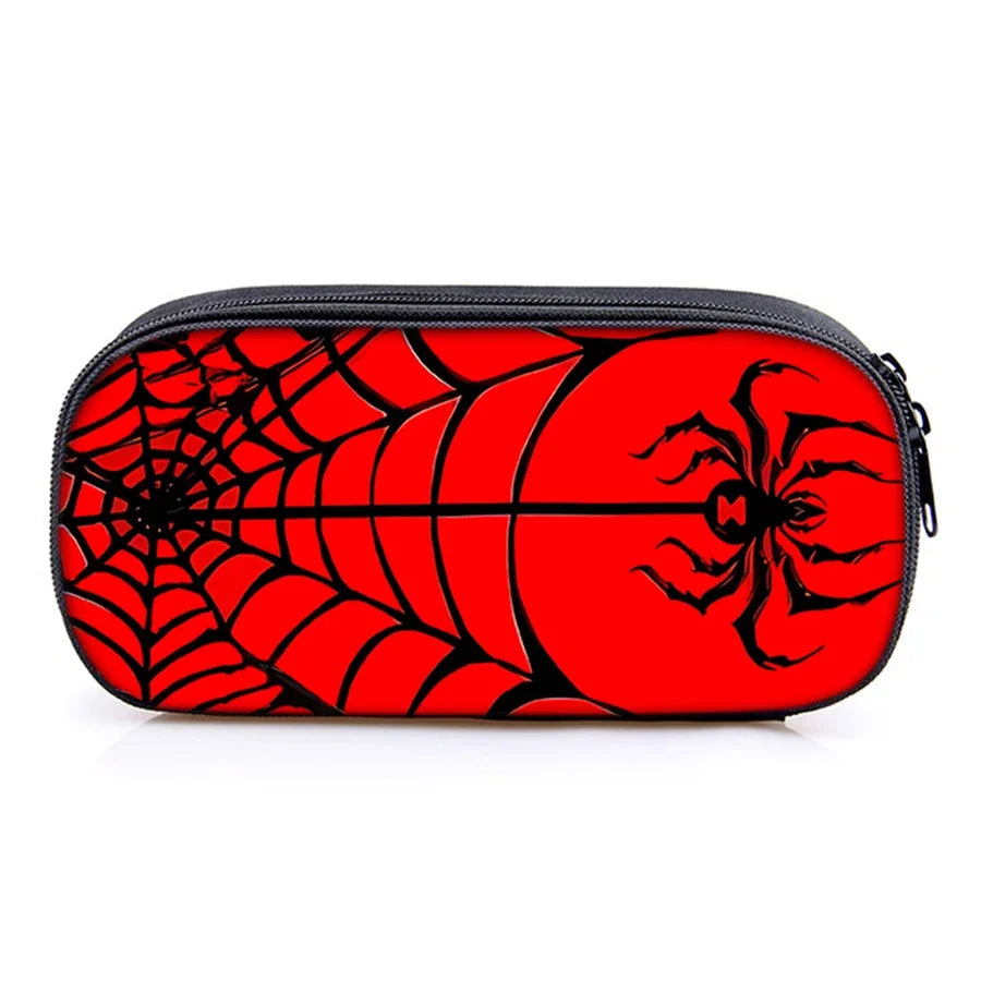 A red pencil case featuring a black layered spider web and spider design.