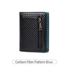 Black bifold wallet with a carbon fiber pattern and blue stitching.