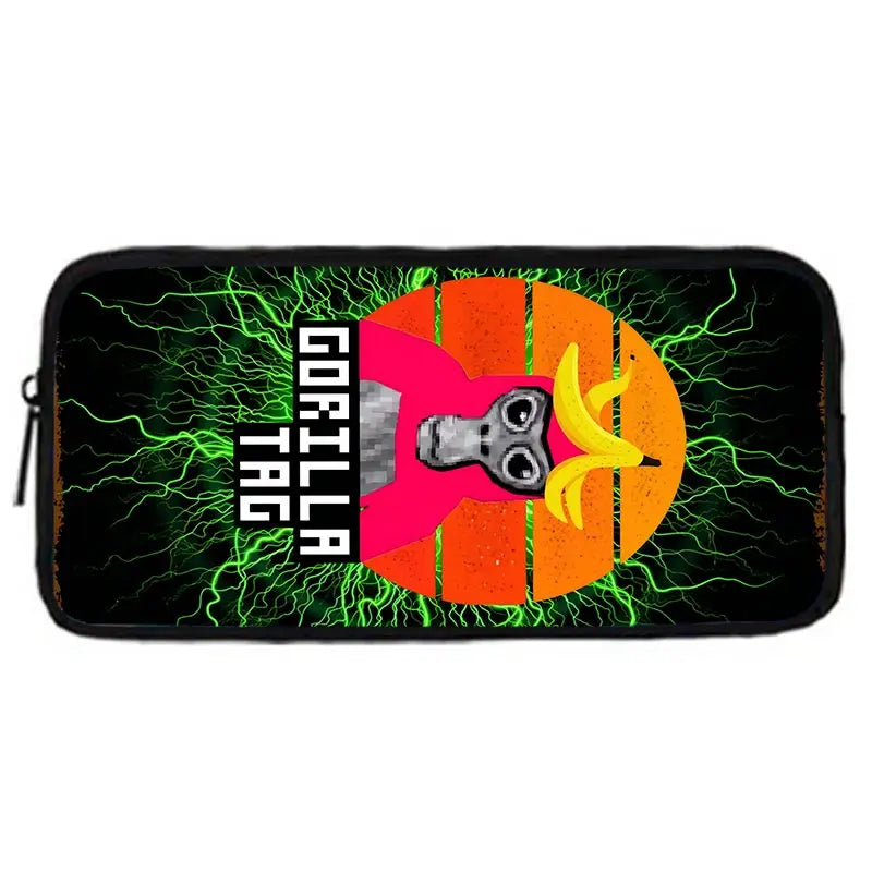 Pochette noire à fermeture éclair avec un graphique vibrant d'une tête de gorille dans un cercle orange avec des effets de fo