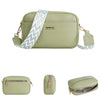 A light green zippered shoulder bag with a patterned strap and gold hardware.