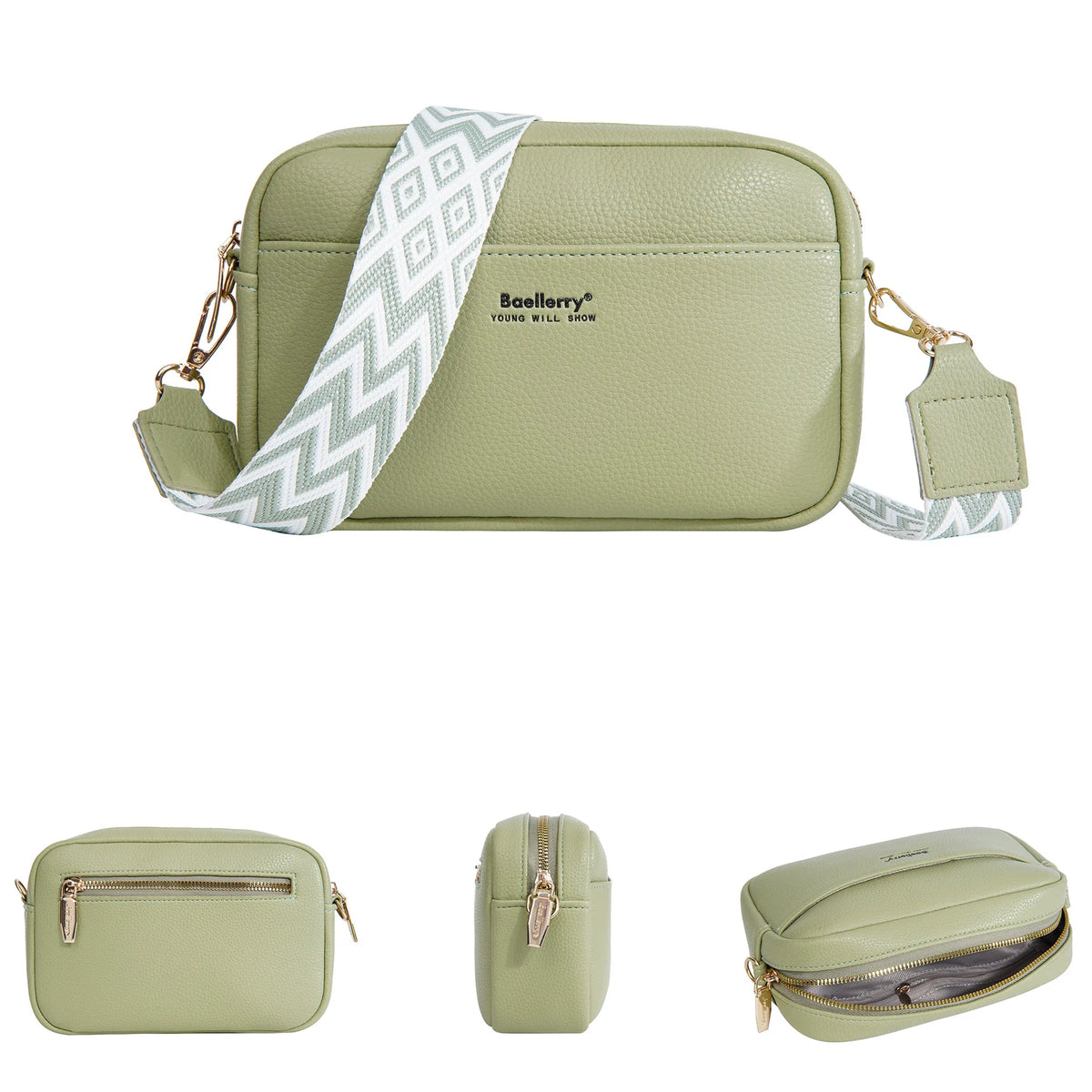 A light green zippered shoulder bag with a patterned strap and gold hardware.