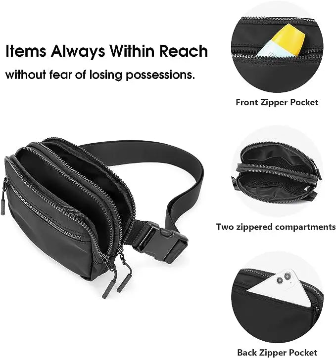 Black multi-functional crossbody storage bag with front and back zipper pockets