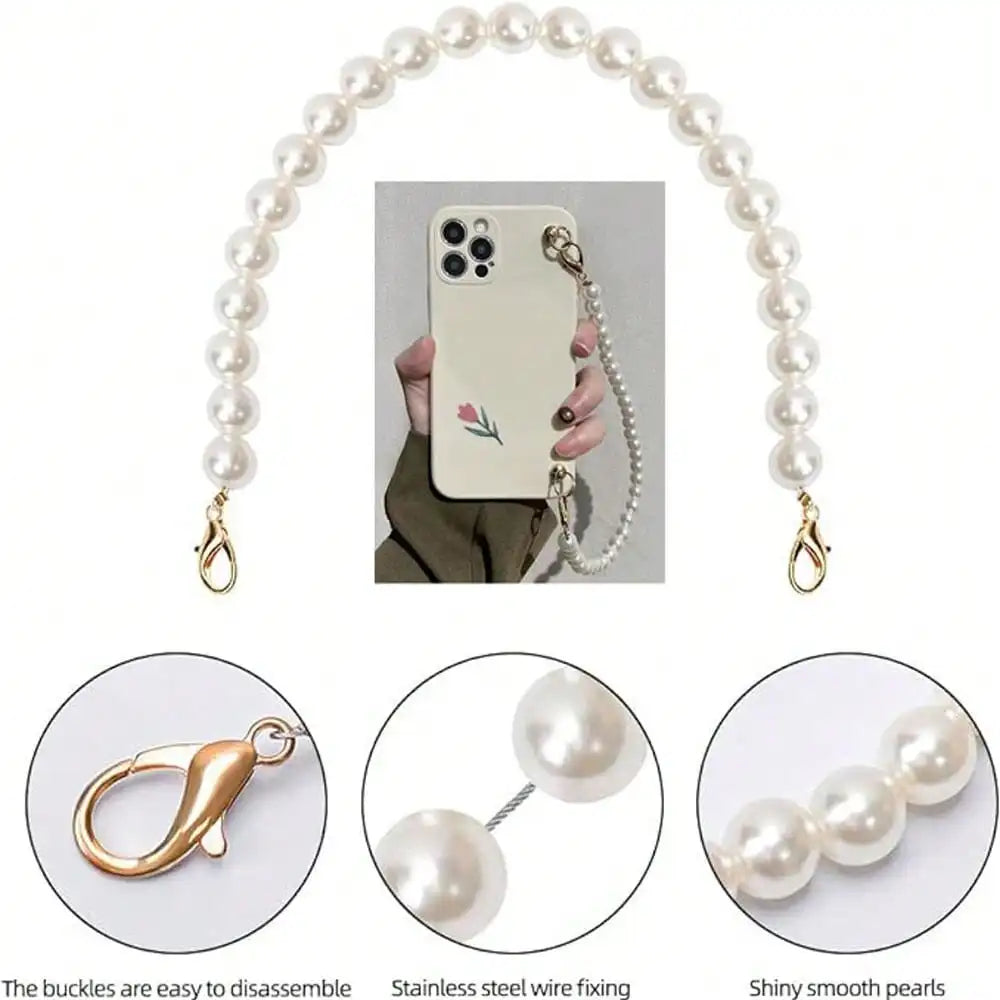 Elegant pearl strap for handbags featuring a string of white pearls and a gold-toned clasp.