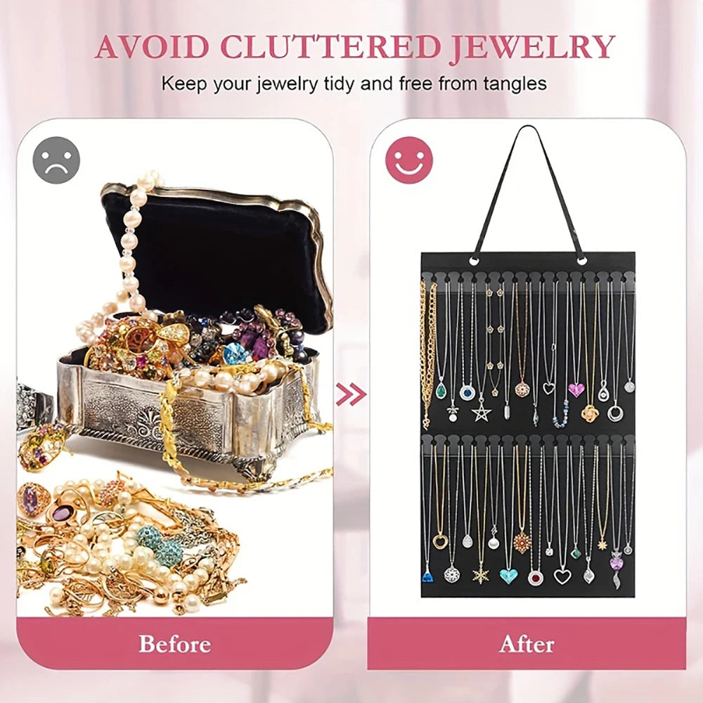 Before and after comparison of a jewelry organizer showing tangled jewelry being organized on a wall mount