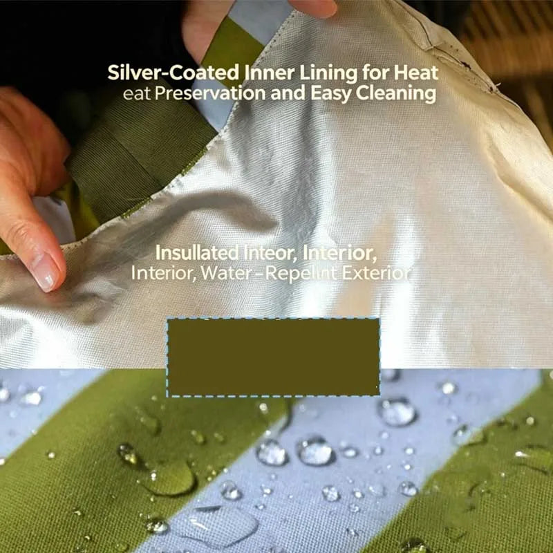 Close-up of a silver-coated inner lining for heat preservation and easy cleaning inside a lunch bag.