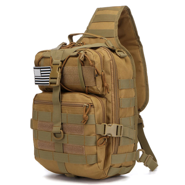A tan sling backpack with olive green webbing and a black and white flag patch on the front.