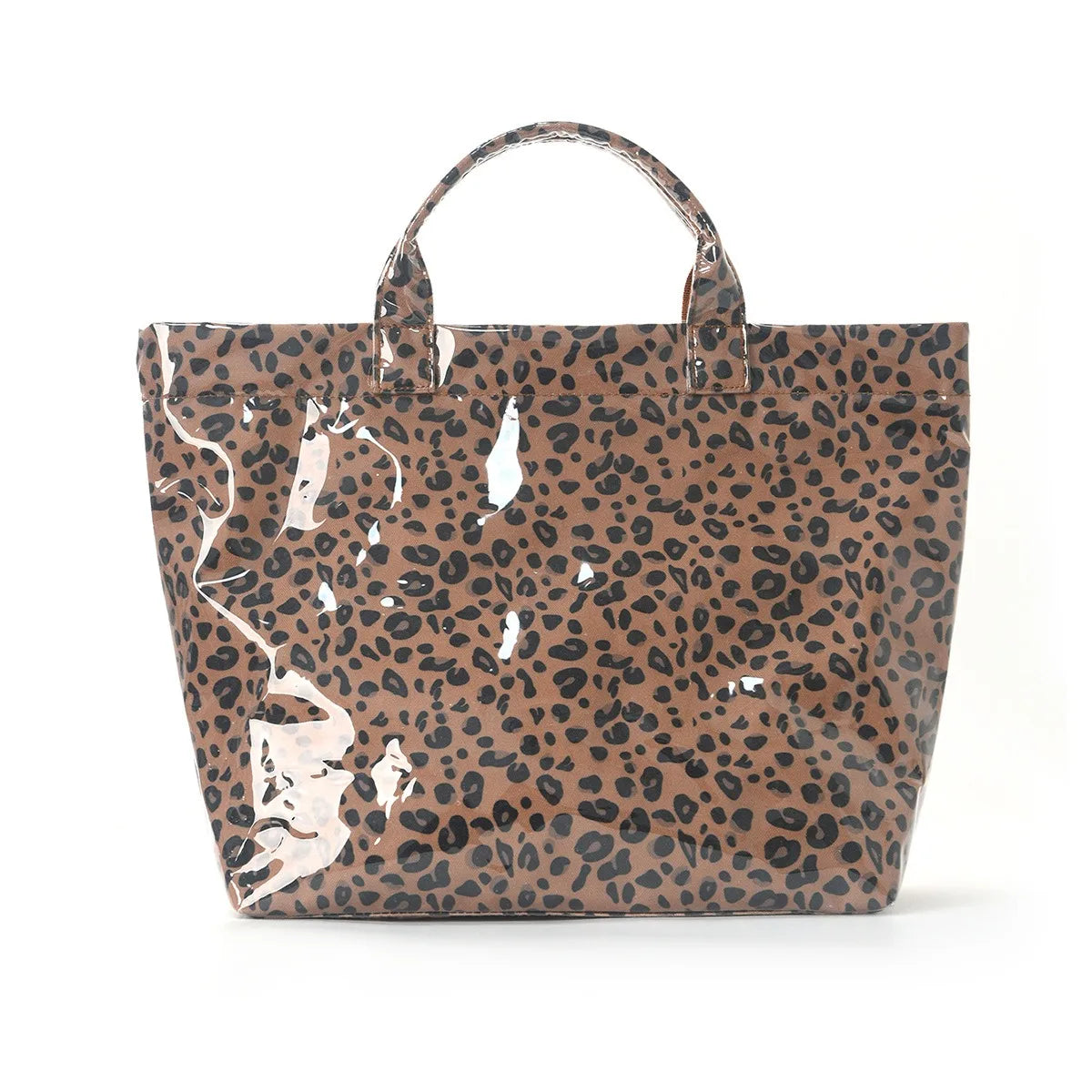 A brown leopard print tote bag with a handle, shown against a white background.