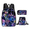 A black backpack featuring K-Pop Demon Hunters artwork and characters.