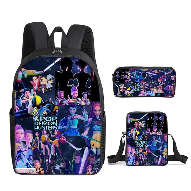 A black backpack featuring K-Pop Demon Hunters artwork and characters.
