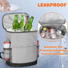 A silver insulated cooler backpack is shown with green bottles of beer inside, demonstrating its leakproof design.