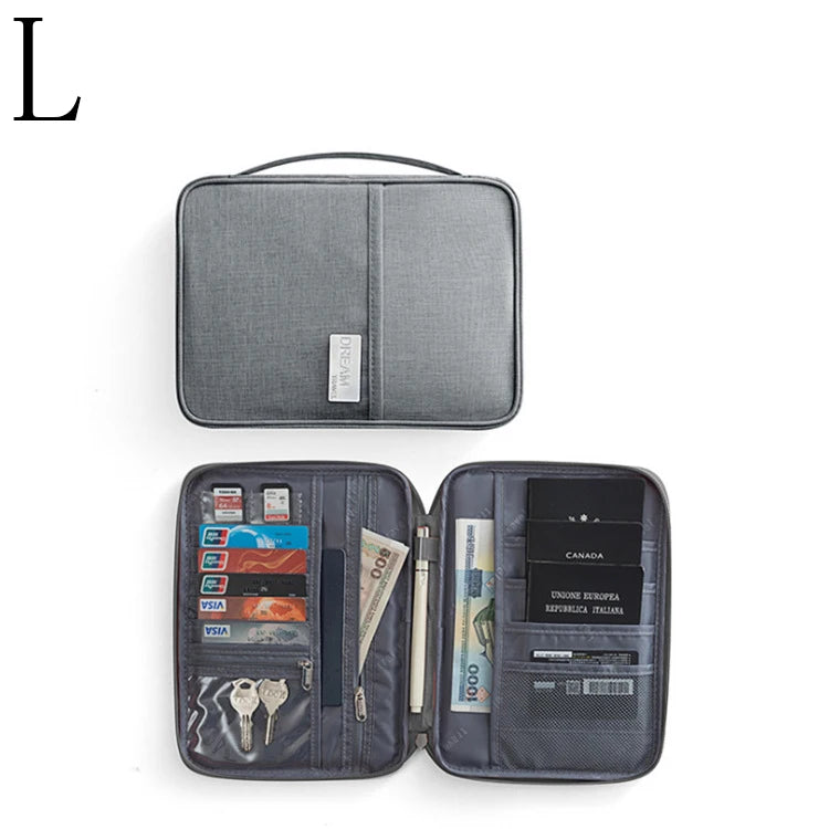 A gray multi-functional passport and document organizer with a black carrying case.