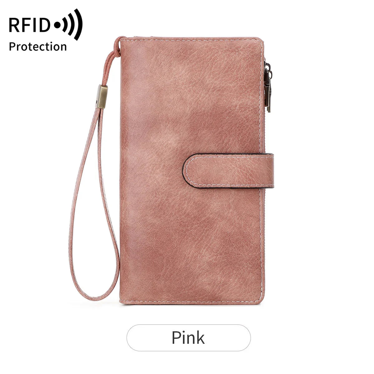 A pink classic trifold clutch wallet with a leather strap and RFID protection feature.
