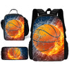 A black sports backpack featuring a vibrant orange basketball design with flames and sparks on a dark blue background.
