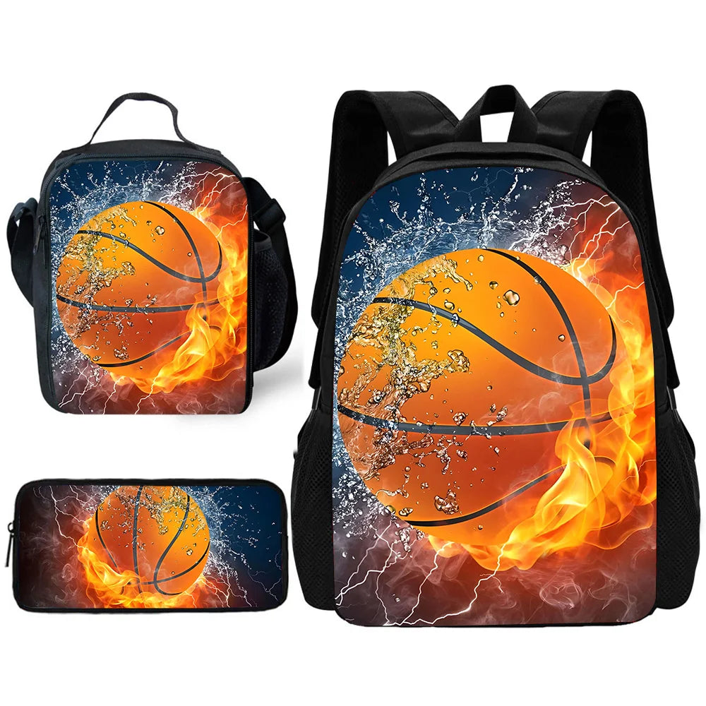 A black sports backpack featuring a vibrant orange basketball design with flames and sparks on a dark blue background.