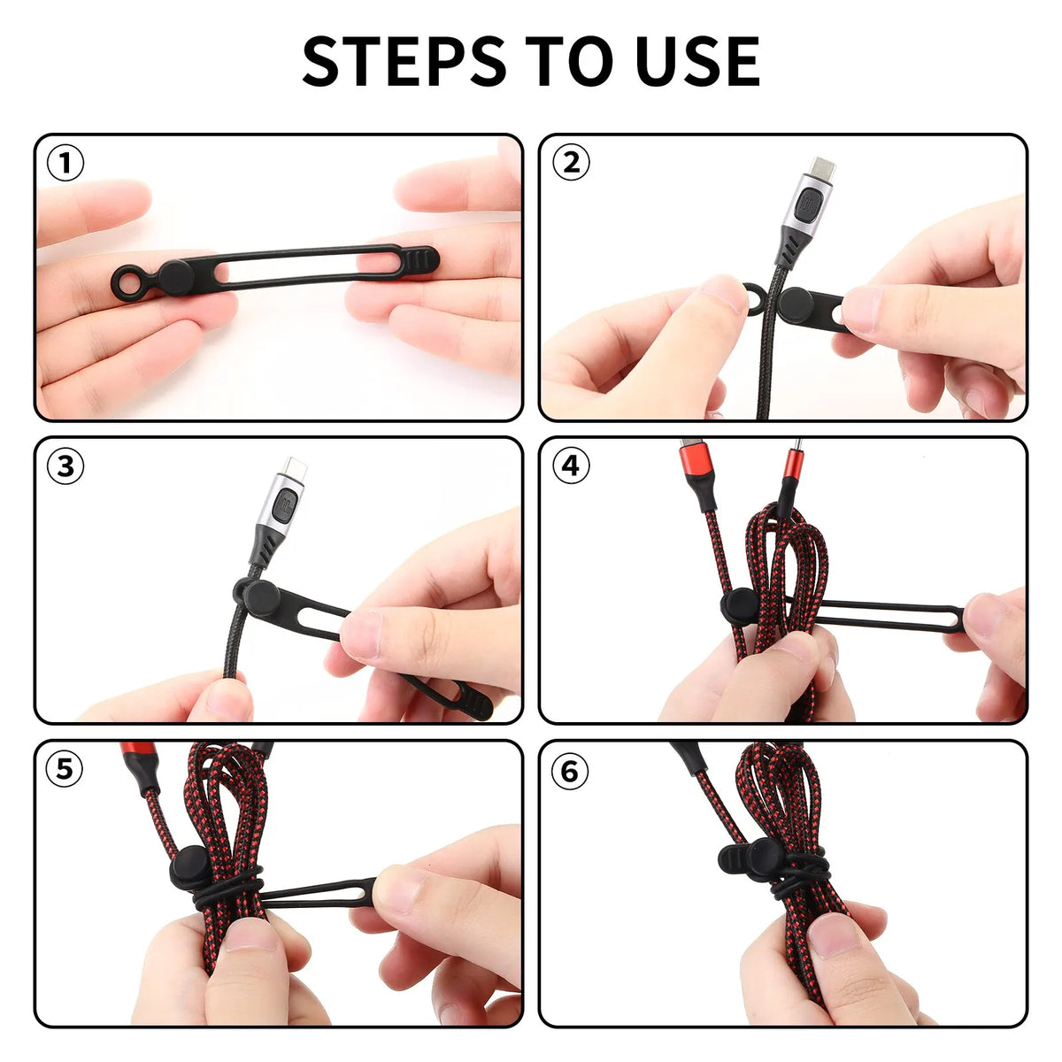 Six steps demonstrating how to use silicone cable ties and cord organizers for managing wires.