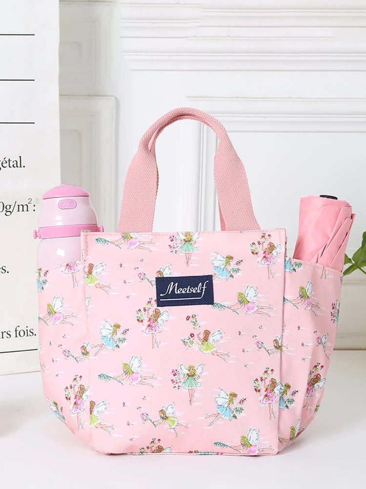 Bolsa térmica rosa con estampado floral, mostrada sobre fondo blanco.