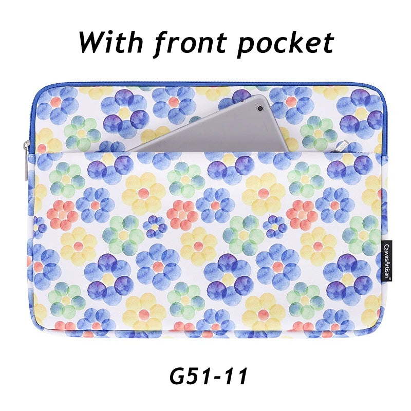 A colorful floral patterned laptop sleeve with a front pocket shown open.