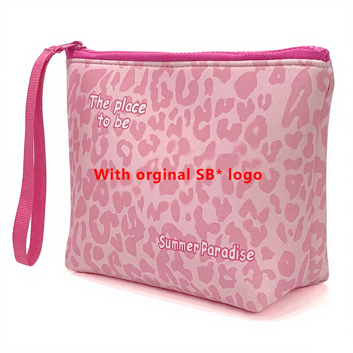 Bolsa cosmética de estampado leopardo rosa con correa rosa y texto en la parte delantera
