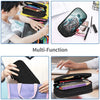 A multi-function leather pencil case shown in various uses including storage and carrying.
