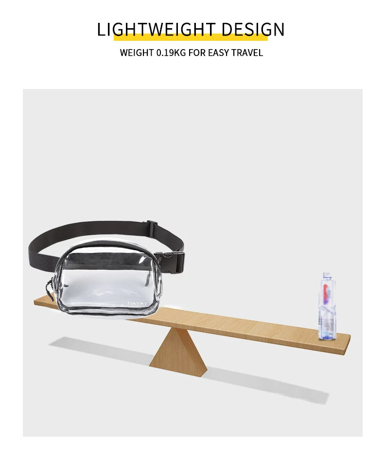 A clear PVC waist bag with an adjustable strap resting on a wooden surface.