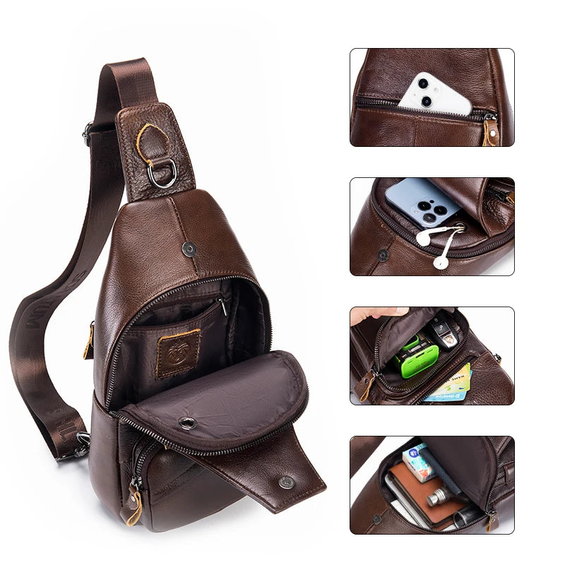 A brown genuine leather men's crossbody messenger bag showing various interior compartments and features.