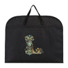 Black fabric dust cover and storage bag with a decorative gold and teal emblem