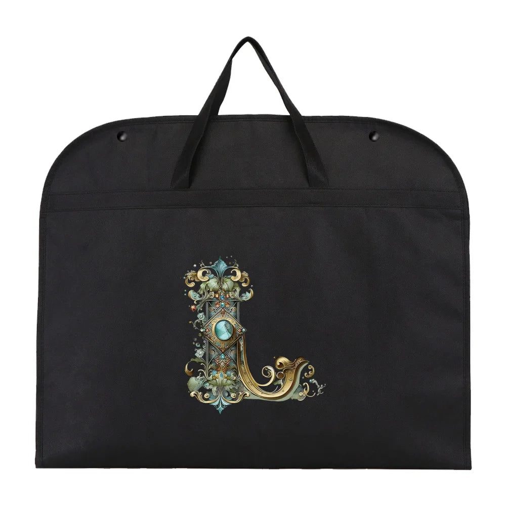Black fabric dust cover and storage bag with a decorative gold and teal emblem
