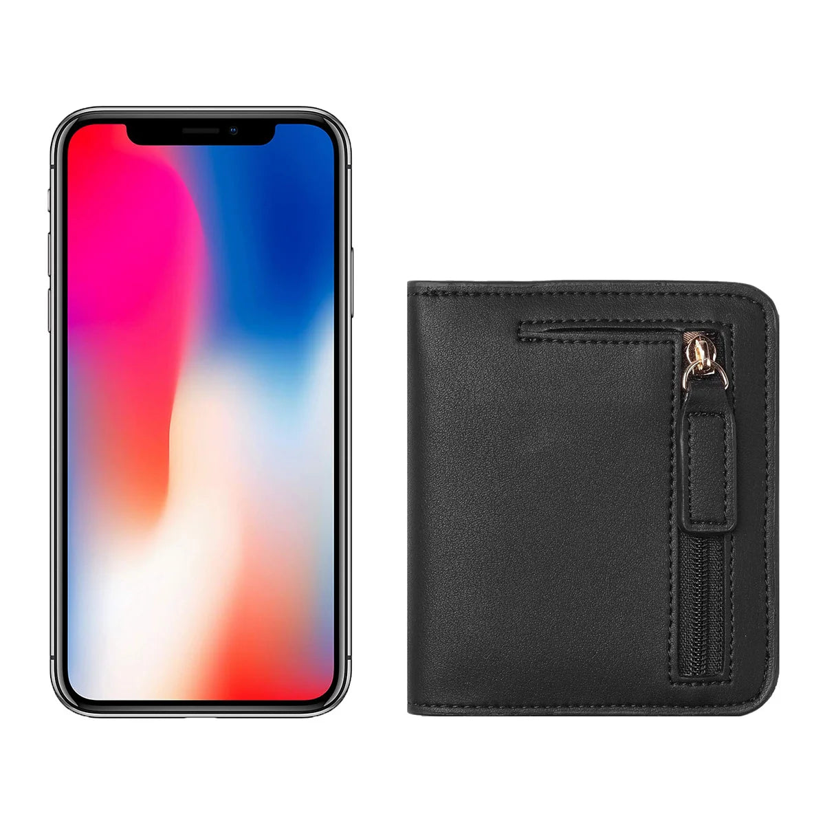 A black compact bi-fold leather wallet with a zipper closure and gold-toned hardware next to a smartphone.