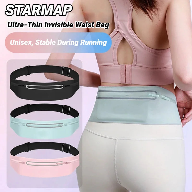 A close-up of a pink sports bra and a beige pair of leggings, showing various colors of an ultra-thin invisible waist bag.